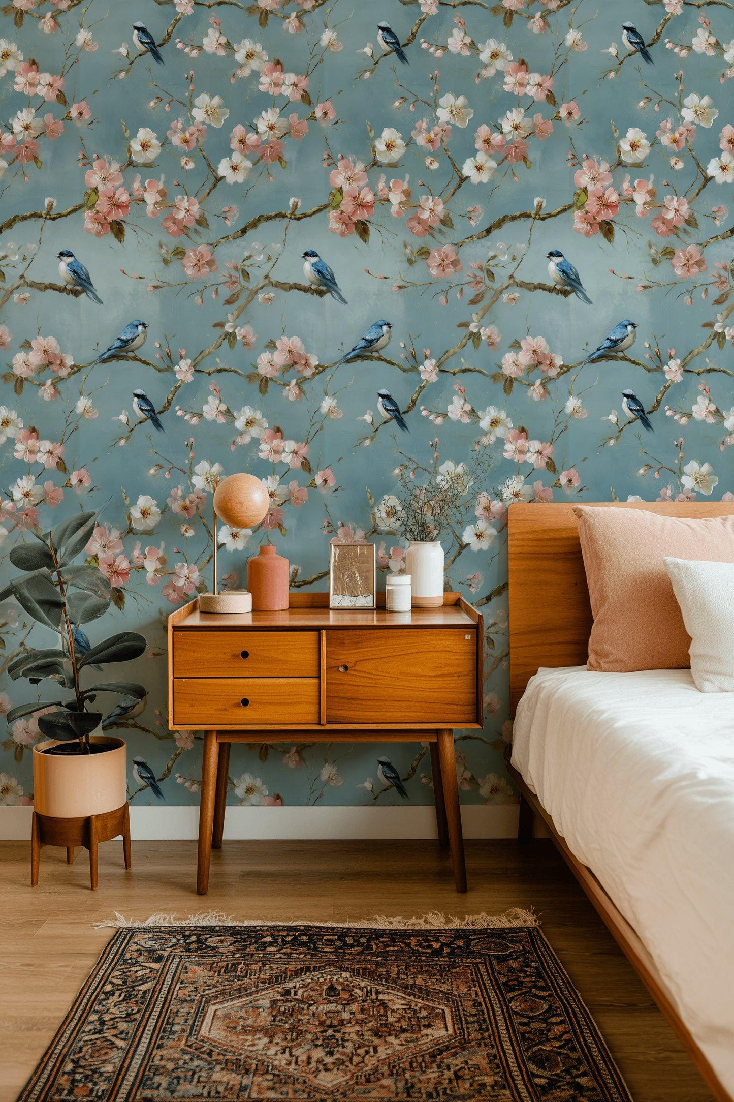 Cherry Blossom Wallpaper Mural: Peel and Stick Bird Wall Decor