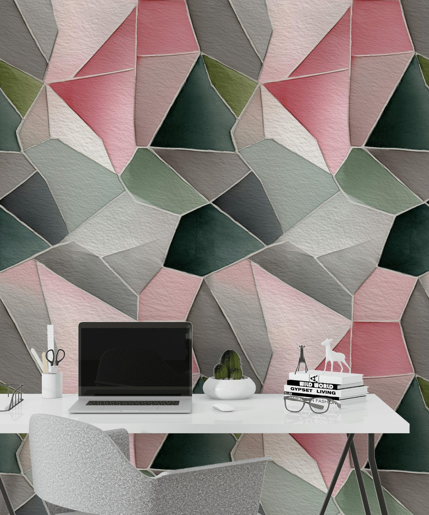 Pink & Gray Geometric Mosaic Wallpaper: Peel and Stick Wall Mural