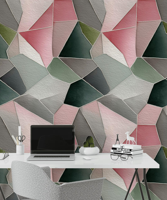 Pink & Gray Geometric Mosaic Wallpaper: Peel and Stick Wall Mural
