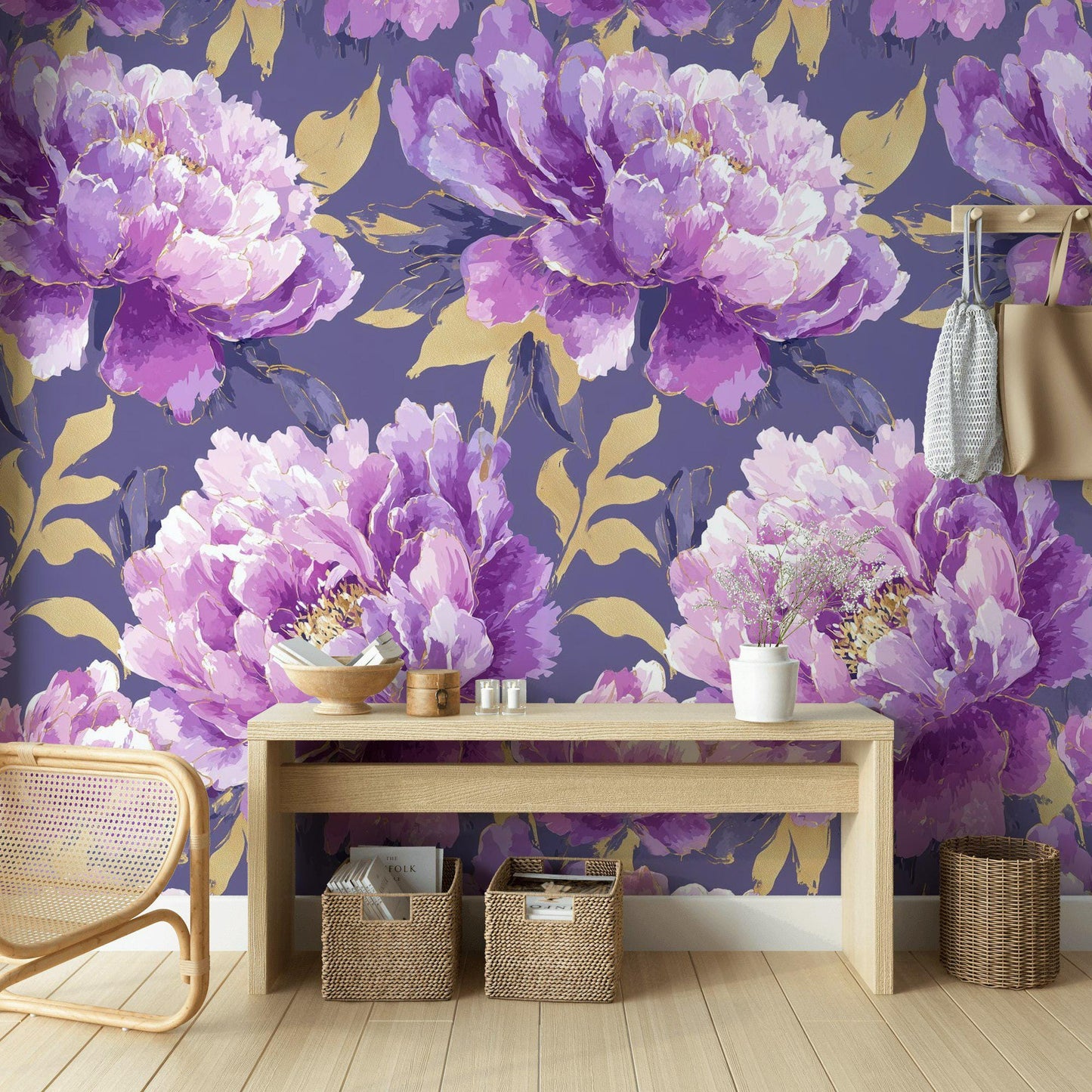 Purple & Gold Peony Wallpaper: Glam Botanical Peel and Stick Mural