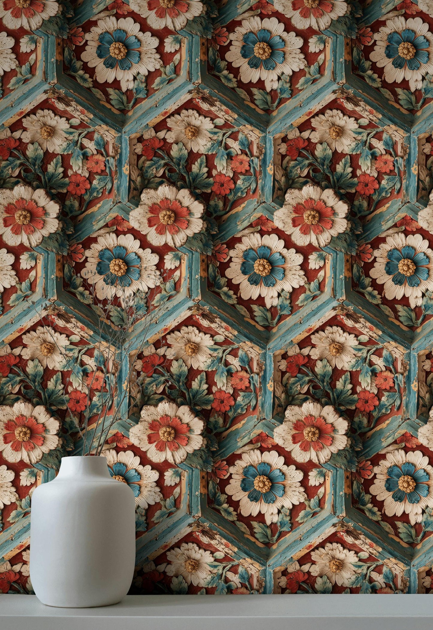 Faux Carved Wood Wallpaper: 3D Floral Peel and Stick Wall Mural