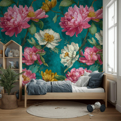 Impasto Peony Wallpaper Mural: Turquoise & Pink Floral Peel and Stick Art