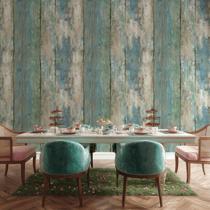 Coastal Blue Wood Plank Wallpaper: Shabby Chic Peel and Stick Mural