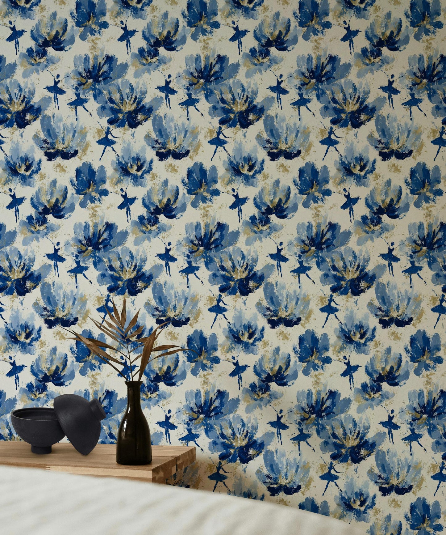 Blue Ballerina Wallpaper, Gold Accented Abstract Floral Mural, Peel & Stick or Unpasted Vertical Panel