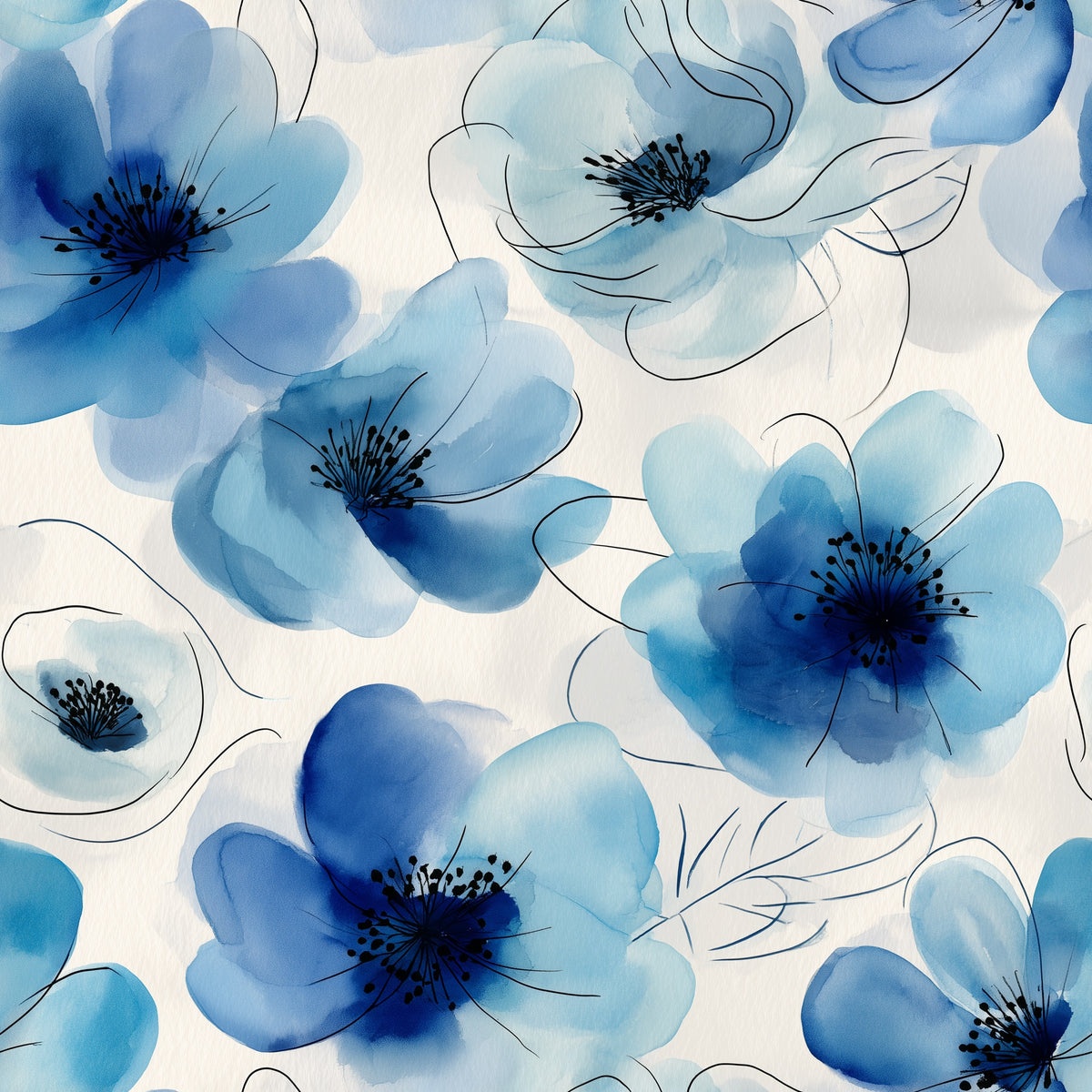 Blue Watercolor Flower Wallpaper with Fine Ink Outlines on Ivory