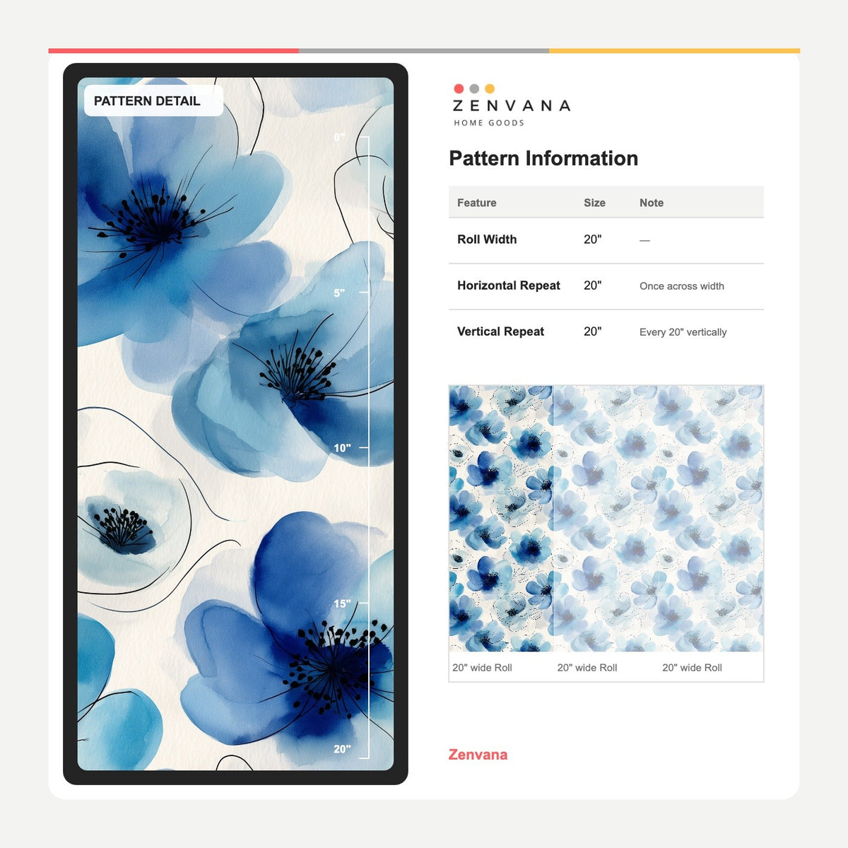 Blue Watercolor Flower Wallpaper with Fine Ink Outlines on Ivory