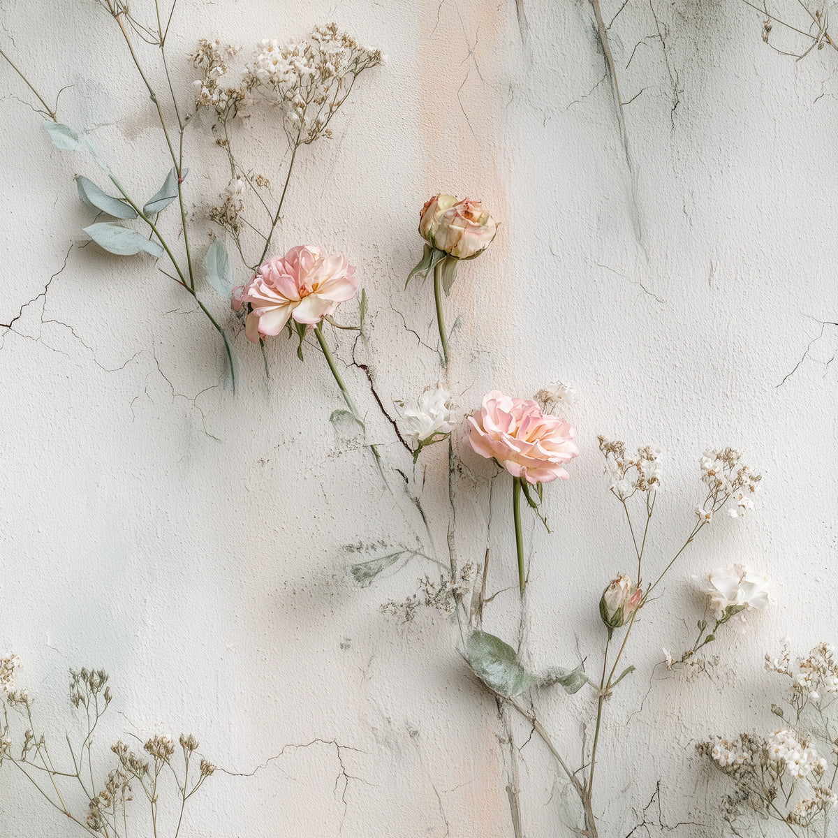 Soft Pastel Plaster Wallpaper Blush Rose Botanical Floral