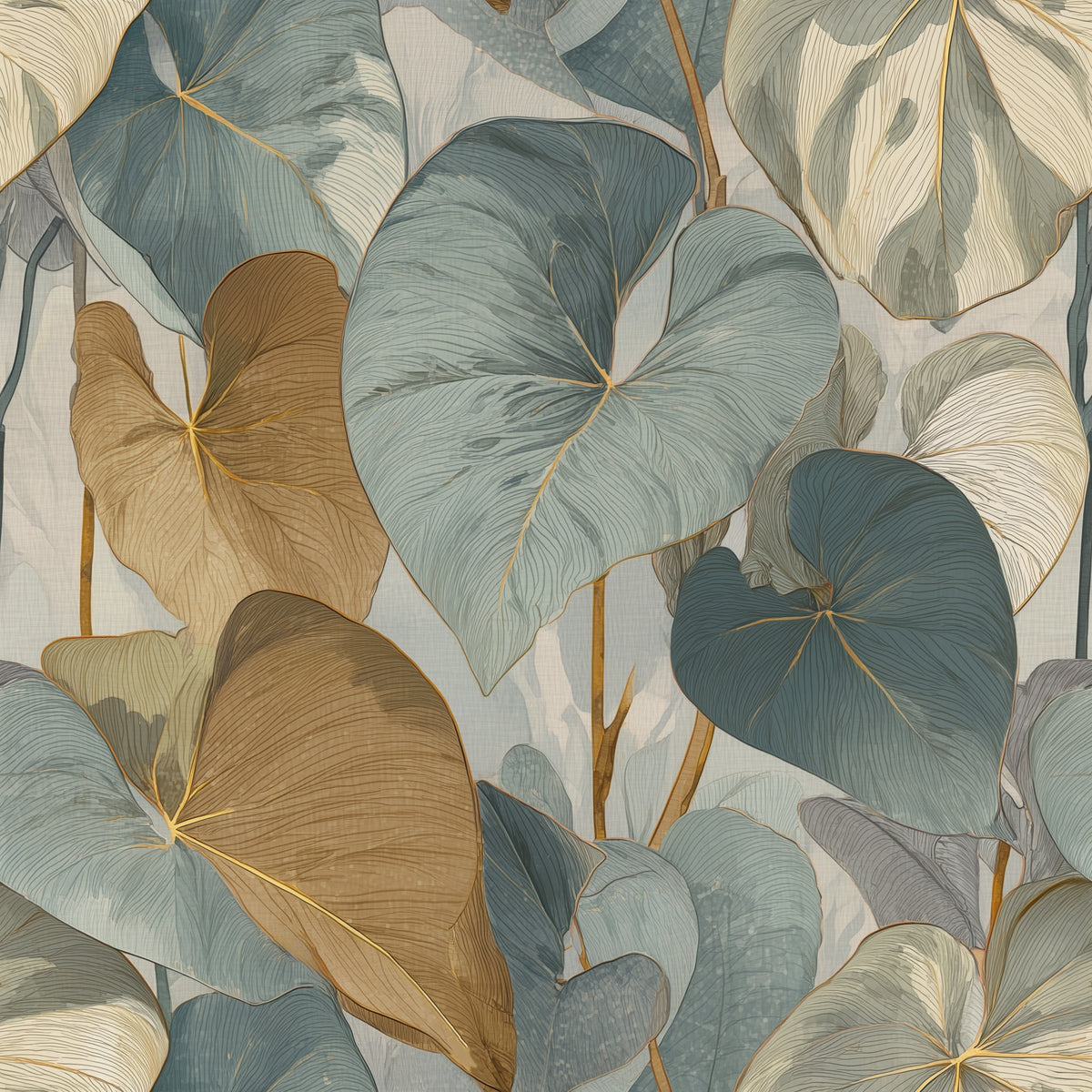 Heart Shaped Leaf Wallpaper in Dusty Teal and Ochre