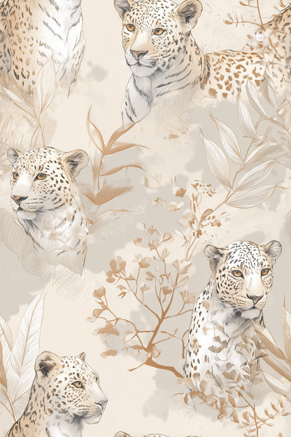 Neutral Leopard Portrait Wallpaper with Botanical Sketches in Warm Beige