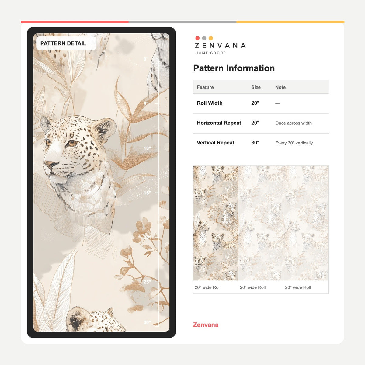 Neutral Leopard Portrait Wallpaper with Botanical Sketches in Warm Beige
