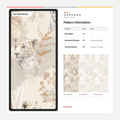 Neutral Leopard Portrait Wallpaper with Botanical Sketches in Warm Beige
