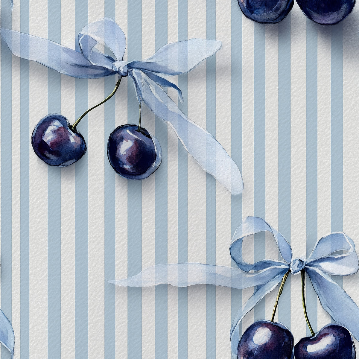 Blue Cherry Bow Wallpaper with Delicate Vertical Stripes