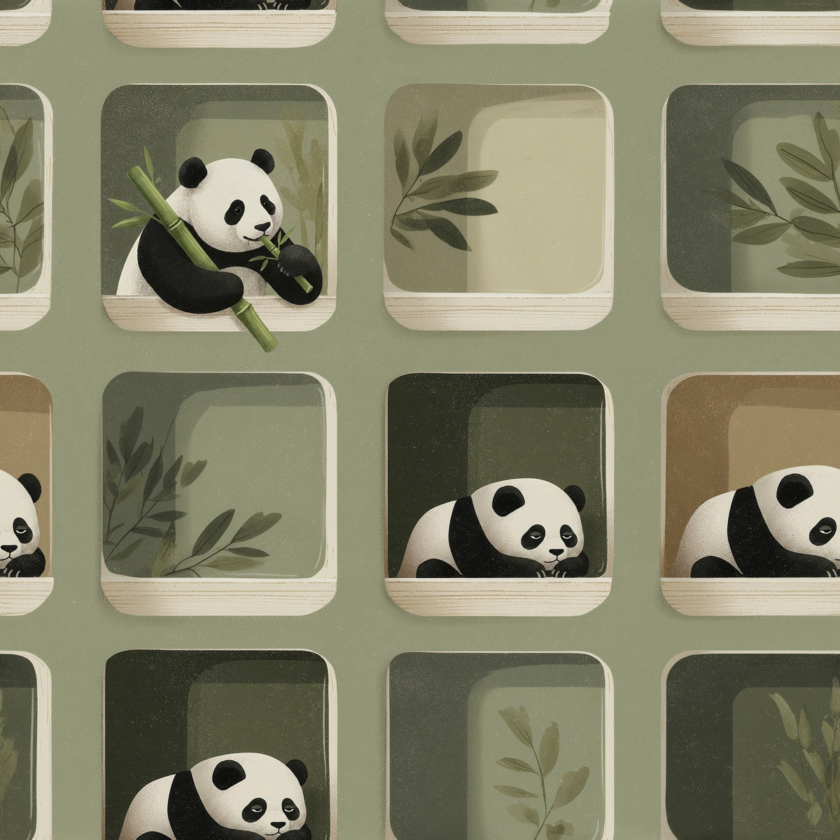Peekaboo Panda Nursery Wallpaper with Rounded Windows in Muted Green