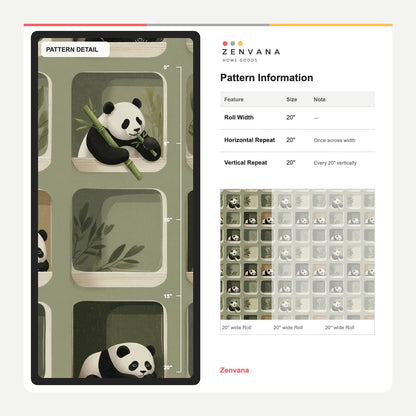 Peekaboo Panda Nursery Wallpaper with Rounded Windows in Muted Green