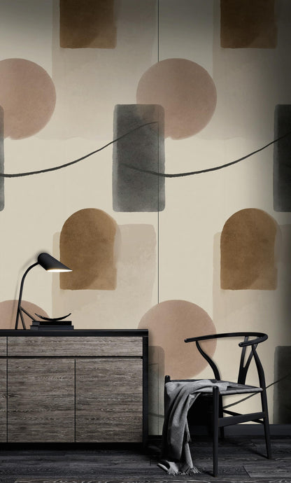 Abstract Geometric Wallpaper, Minimalist Wall Mural, Neutral Tones Peel and Stick Decor