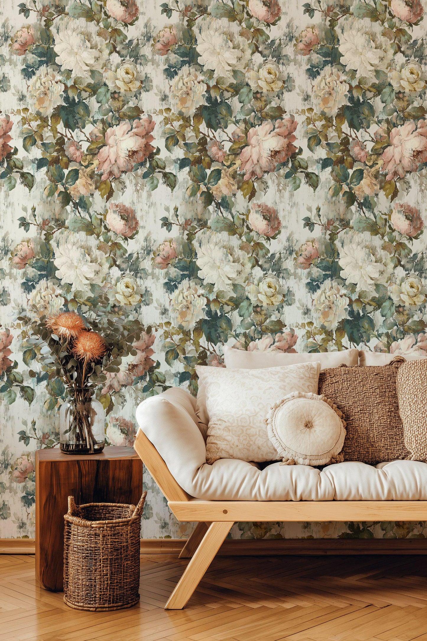 Vintage Floral Rose Wallpaper: Shabby Chic Peel and Stick Wall Mural