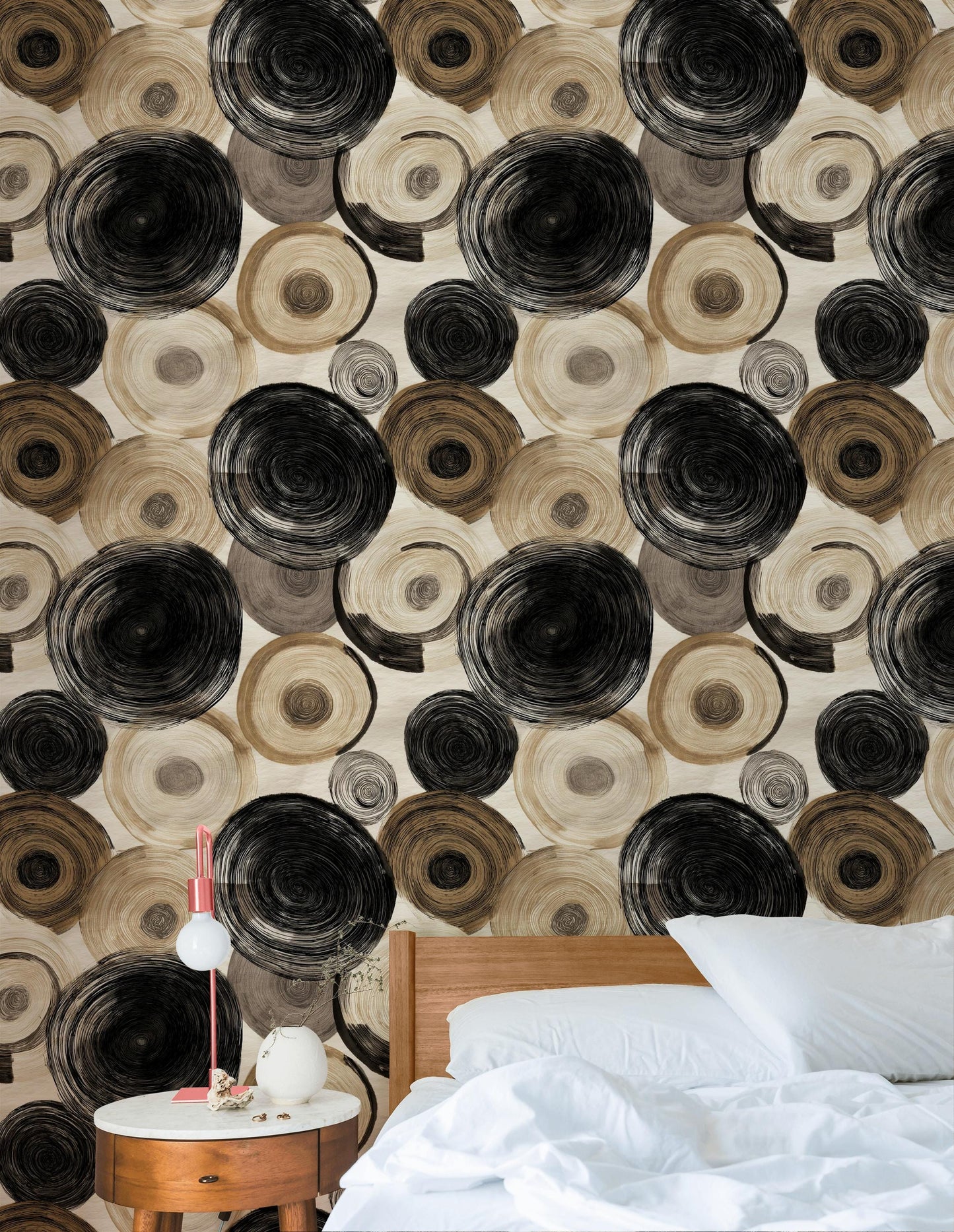 Abstract Swirl Wallpaper Mural: Black Espresso Circles, Hand-Painted Art (Peel & Stick or Unpasted)