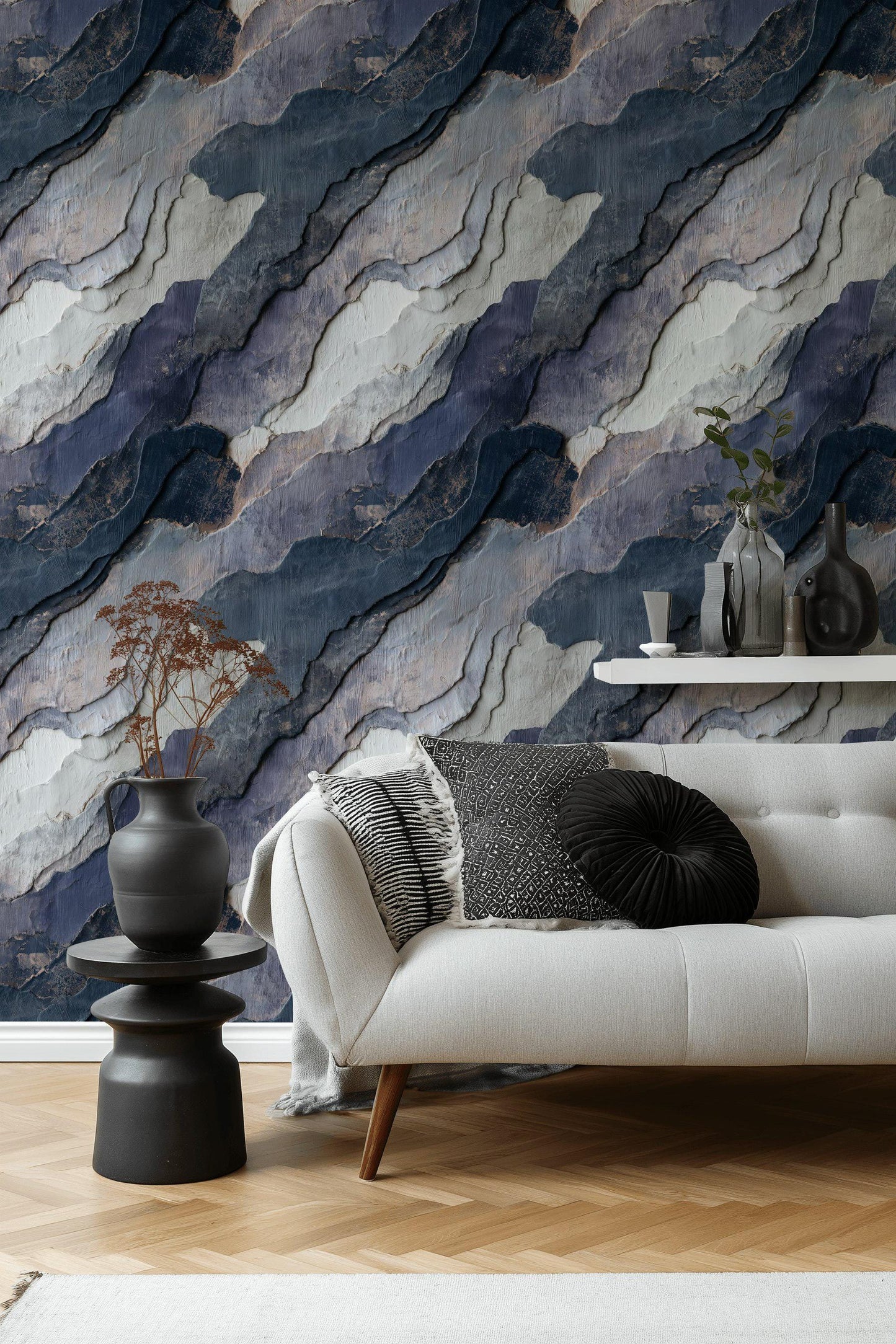 Navy Blue Stone Texture Wallpaper: Layered Abstract Peel and Stick Wall Mural