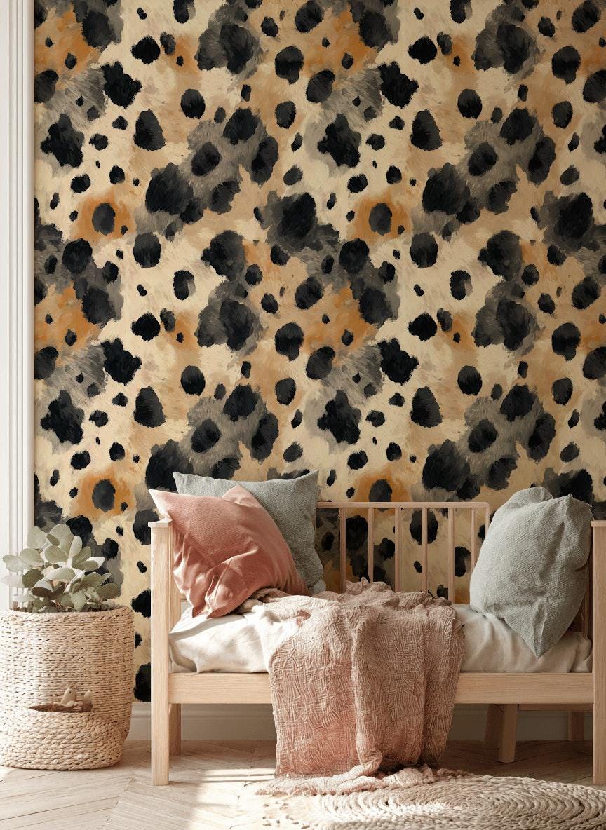 Cowhide Print Wallpaper: Black, Beige, and Tan - Peel & Stick