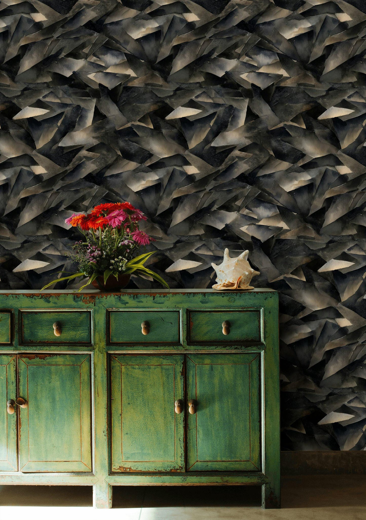 Abstract Broken Glass Wallpaper: Dark Gray Geometric Shard Mural