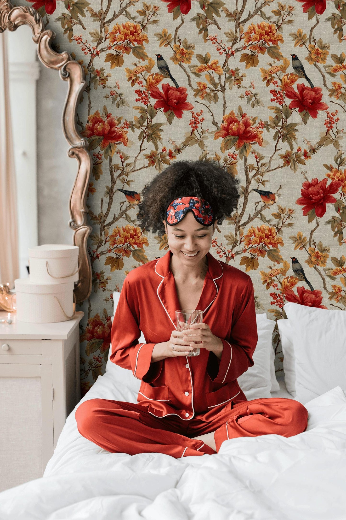 Chinoiserie Peel and Stick Wallpaper Mural: Bird & Floral Wall Decor