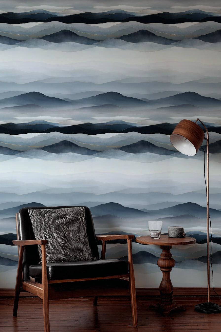 Blue Gray Mountain Wallpaper Mural: Gold Line Peel and Stick