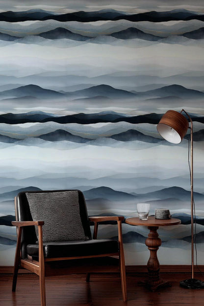Blue Gray Mountain Wallpaper Mural: Gold Line Peel and Stick