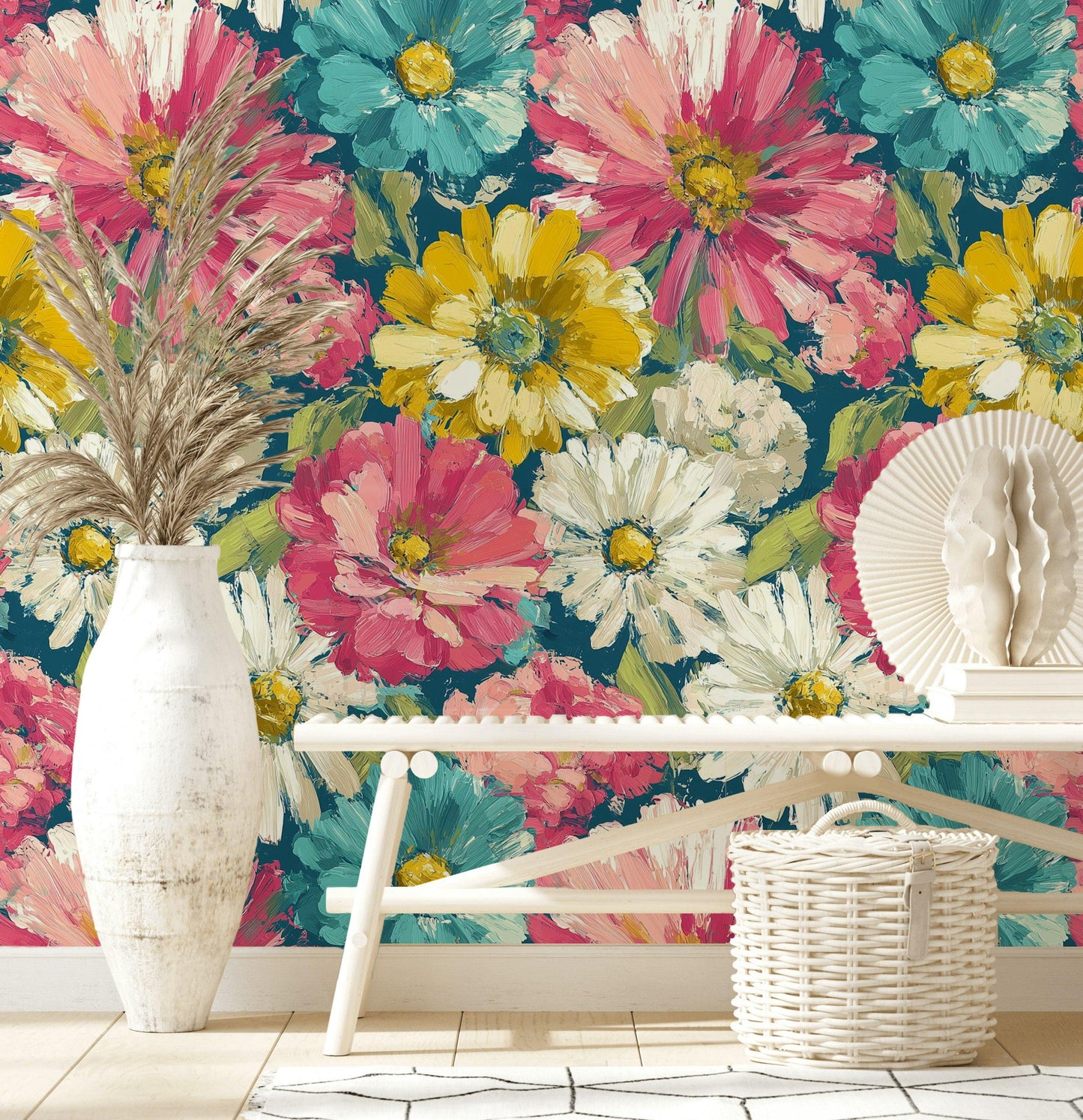 Teal & Pink Floral Wallpaper Mural: Impasto Texture, Peel and Stick