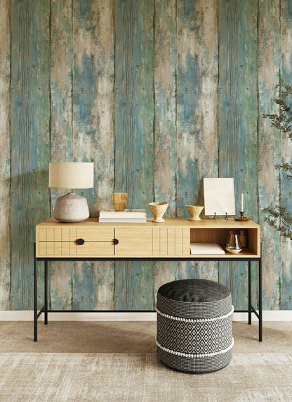 Coastal Blue Wood Plank Wallpaper: Shabby Chic Peel and Stick Mural