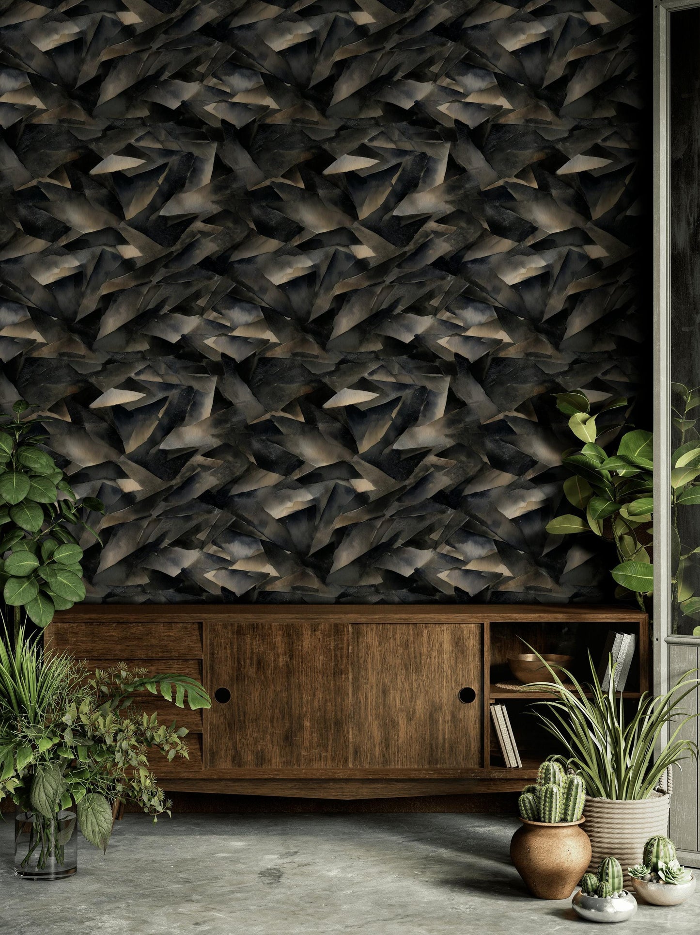 Abstract Broken Glass Wallpaper: Dark Gray Geometric Shard Mural