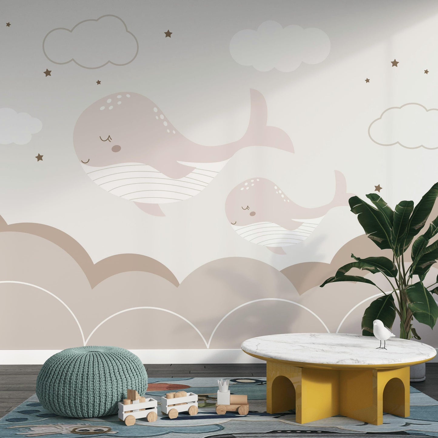 Boho Whale Nursery Wallpaper, Neutral Ocean Wall Mural, Minimalist Peel and Stick Baby Decor