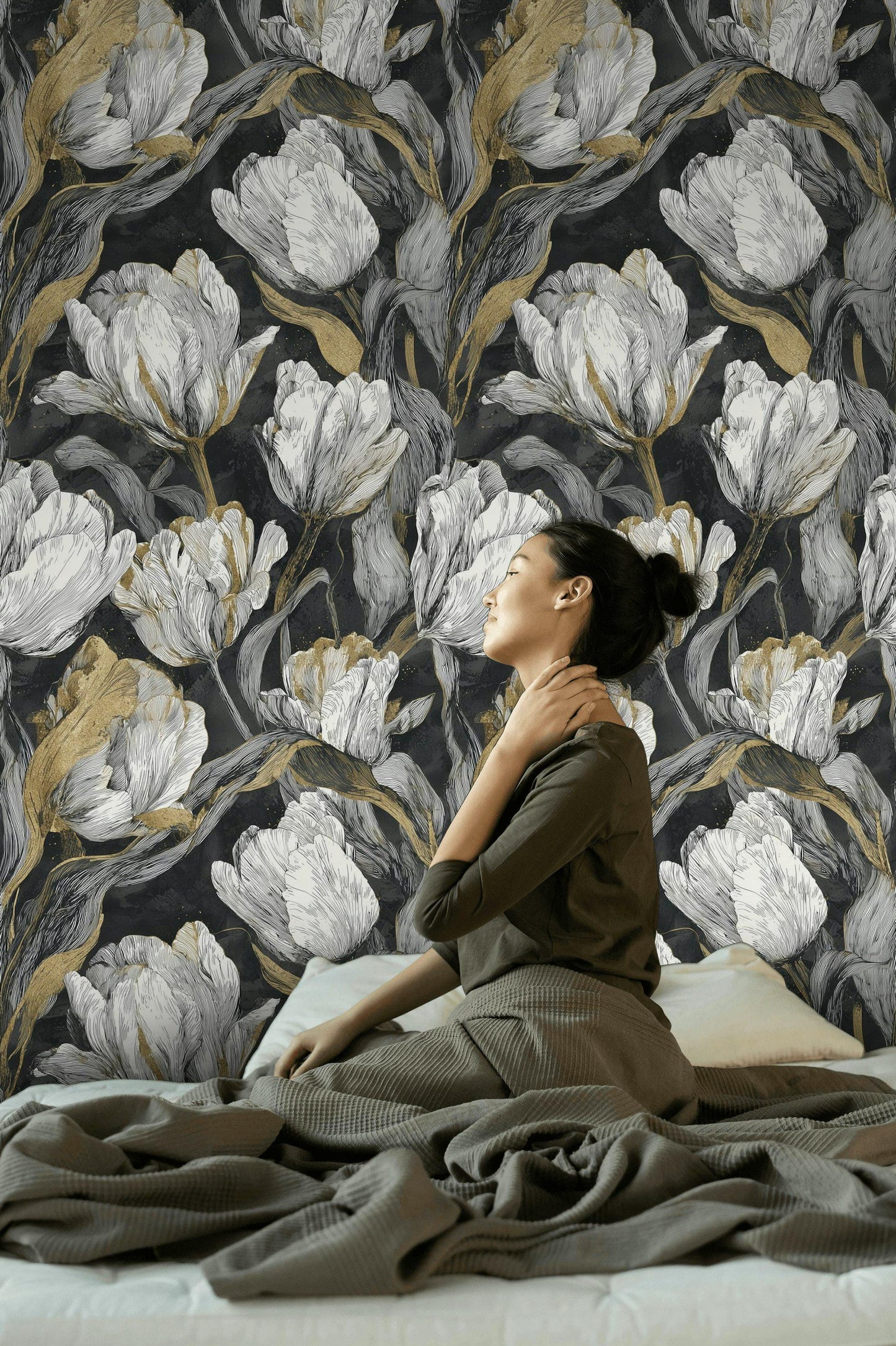 Luxury Gold Tulip Wallpaper | Dark Floral Wall Mural | Modern Botanical Peel and Stick Decor