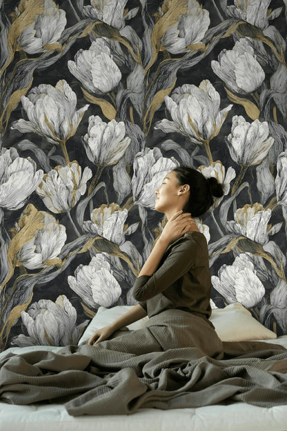 Luxury Gold Tulip Wallpaper | Dark Floral Wall Mural | Modern Botanical Peel and Stick Decor