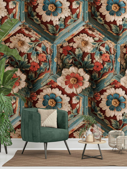 Faux Carved Wood Wallpaper: 3D Floral Peel and Stick Wall Mural