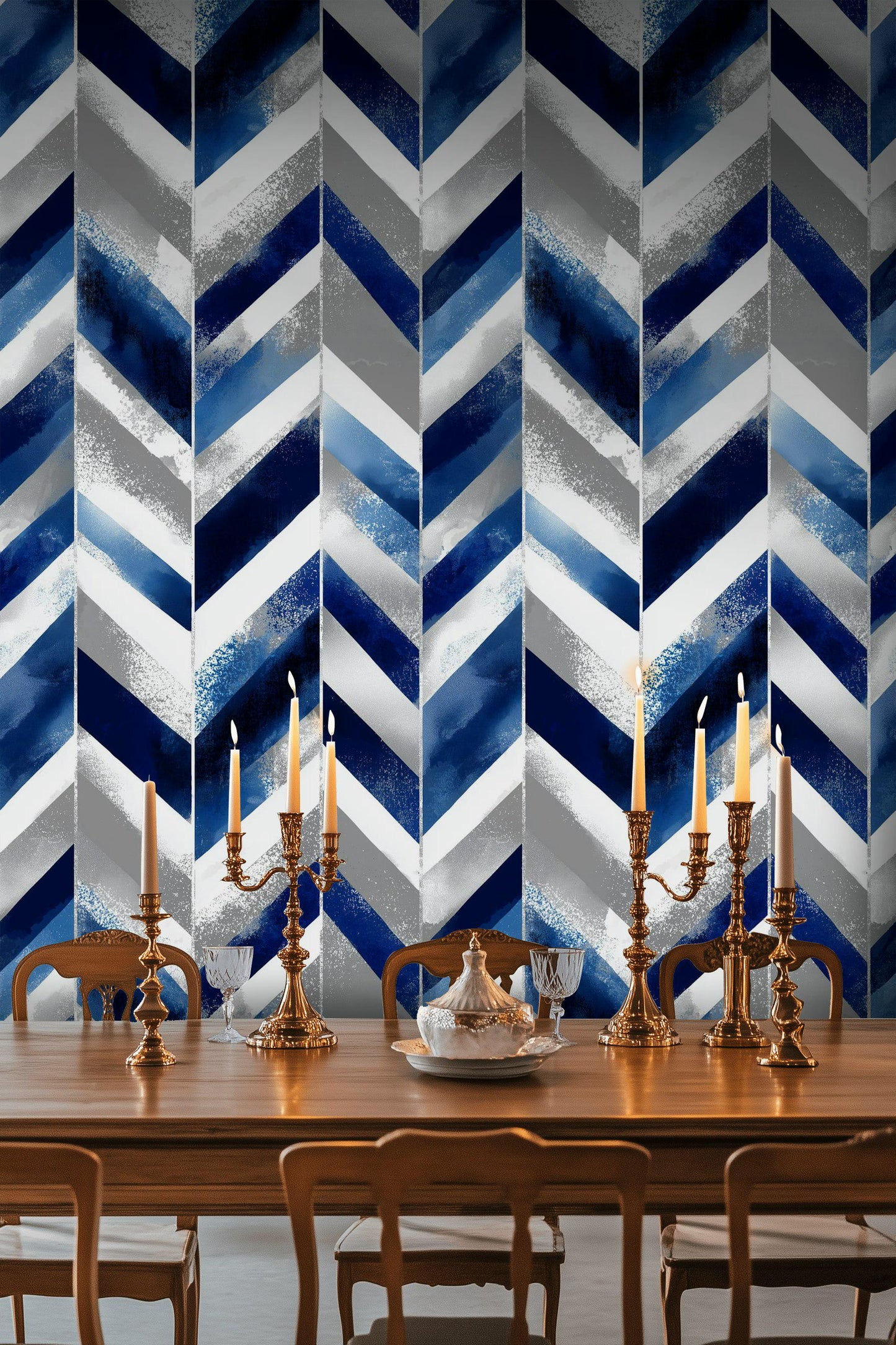Abstract Blue Gray Chevron Wallpaper | Modern Geometric Wall Mural | Indigo Peel and Stick Decor