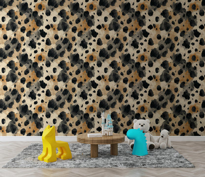 Cowhide Print Wallpaper: Black, Beige, and Tan - Peel & Stick