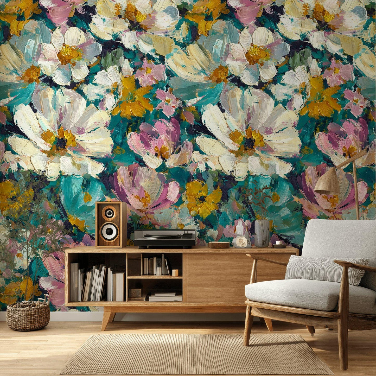 Textured Impasto Floral Wallpaper Mural: Peel and Stick Art Decor