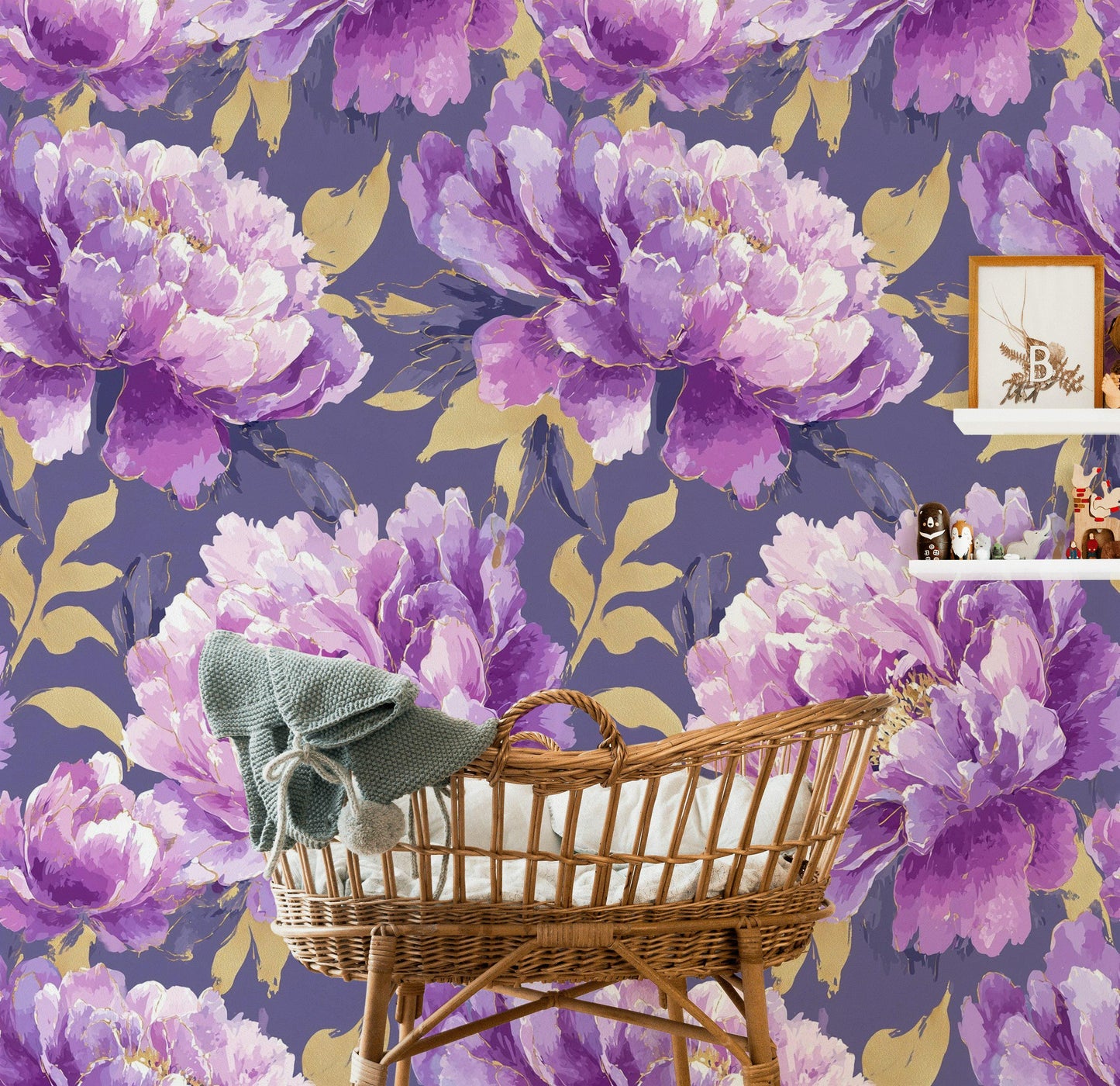 Purple & Gold Peony Wallpaper: Glam Botanical Peel and Stick Mural