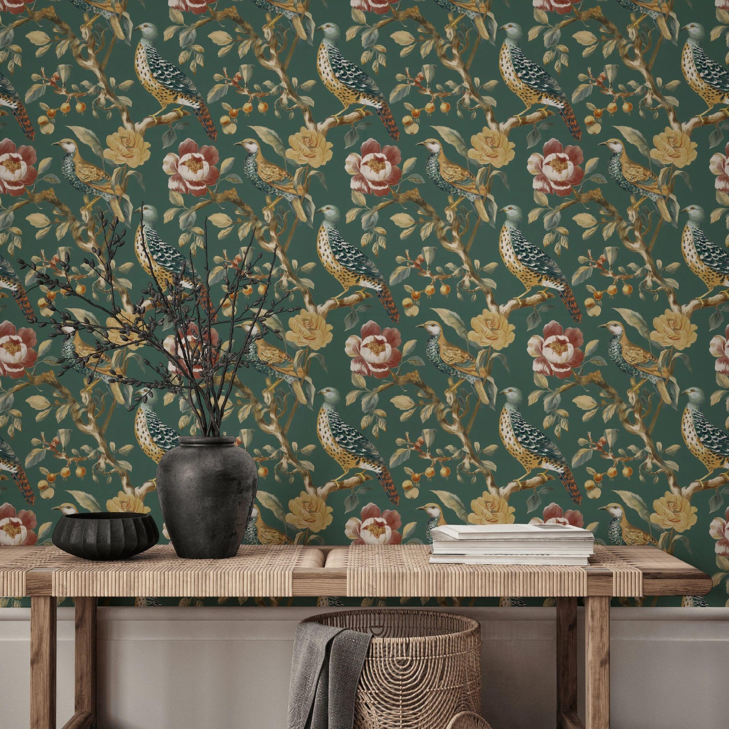 Chinoiserie Bird Wallpaper: Dark Green Floral Peel and Stick Mural