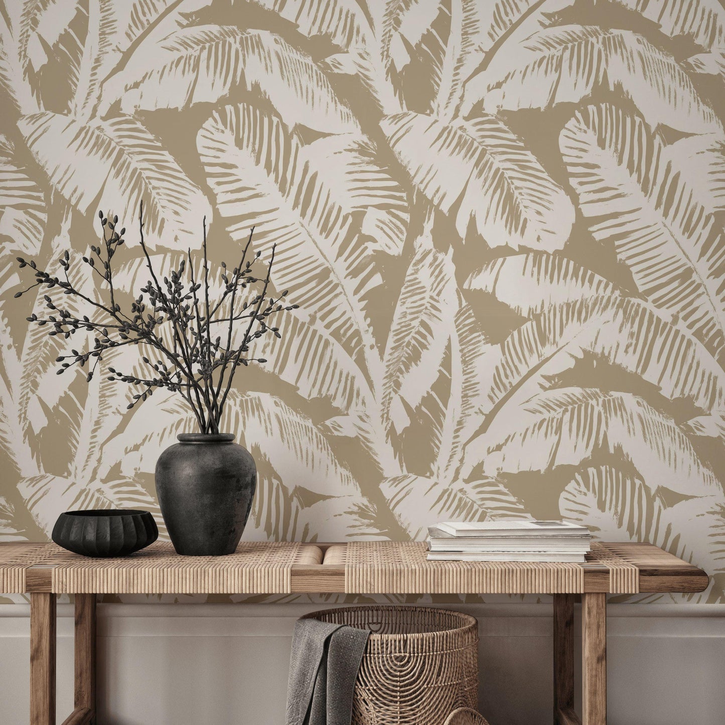 Minimalist Palm Leaf Wallpaper | Neutral Tropical Wall Mural | Beige Botanical Peel and Stick Decor