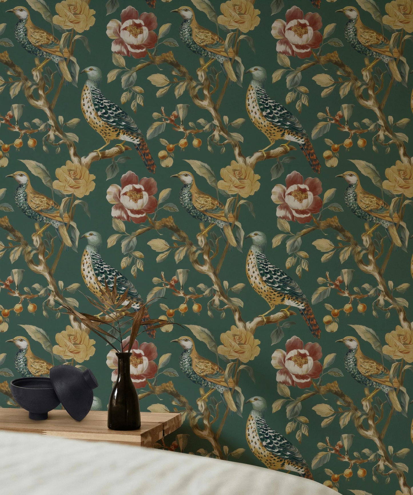 Chinoiserie Bird Wallpaper: Dark Green Floral Peel and Stick Mural