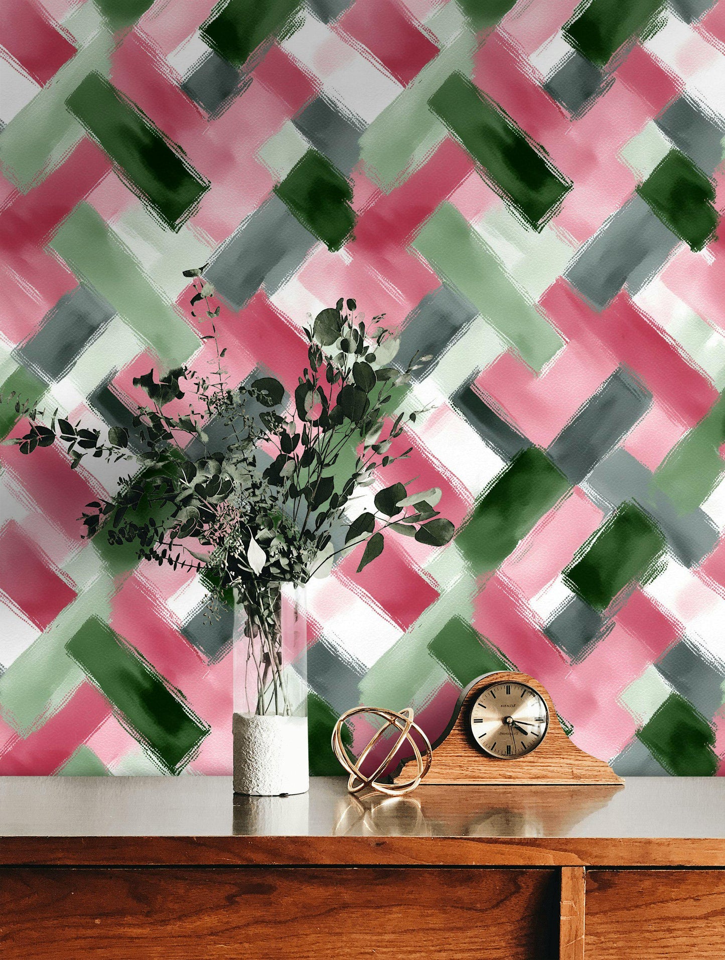 Abstract Brushstroke Wallpaper | Modern Pink Green Wall Mural | Geometric Pattern Peel and Stick Decor