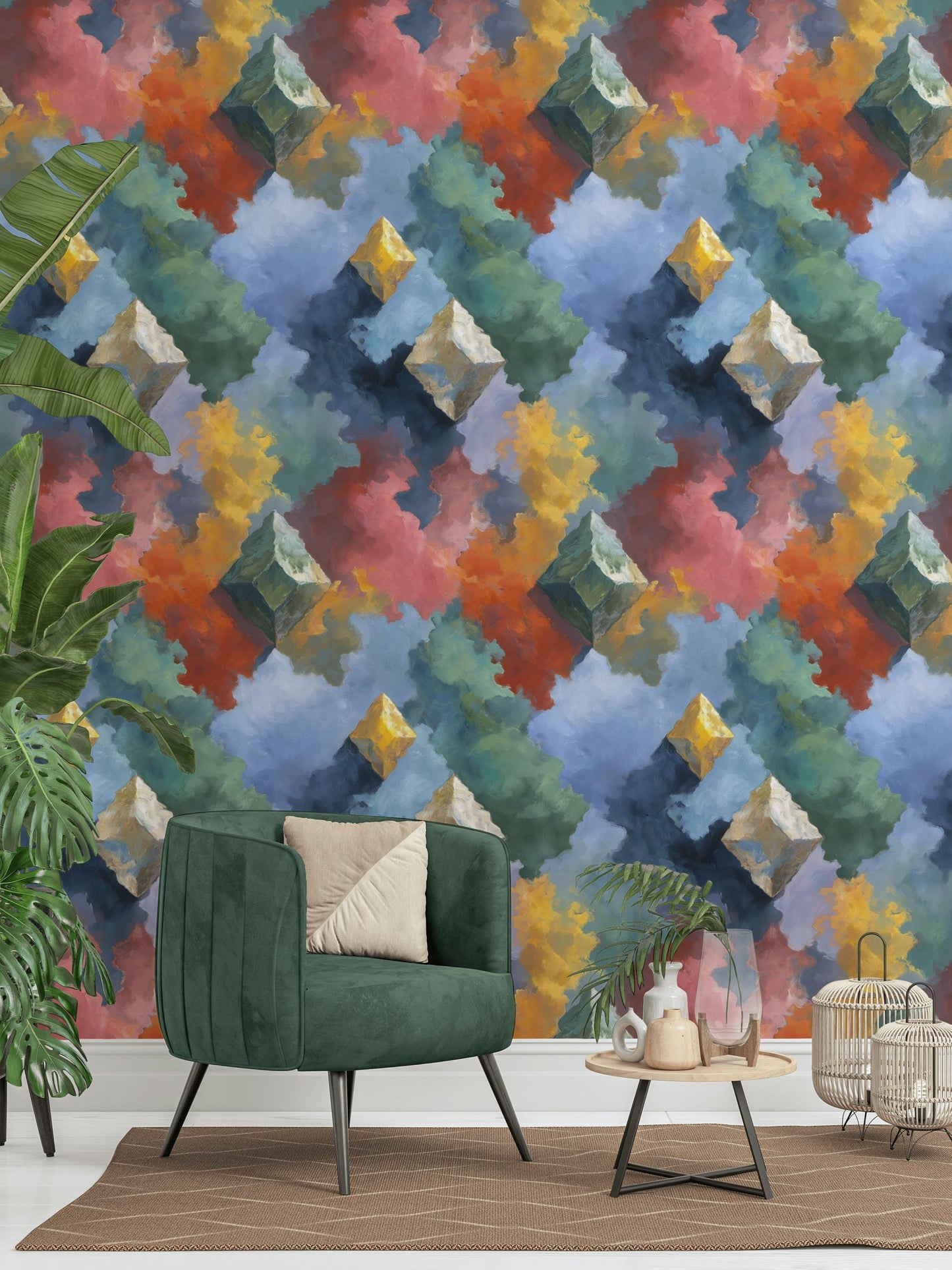 Geometric Cloud Wall Mural: Abstract Peel and Stick Wallpaper