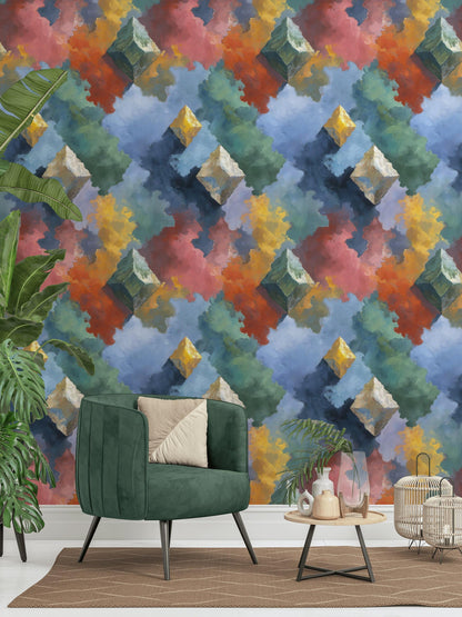 Geometric Cloud Wall Mural: Abstract Peel and Stick Wallpaper
