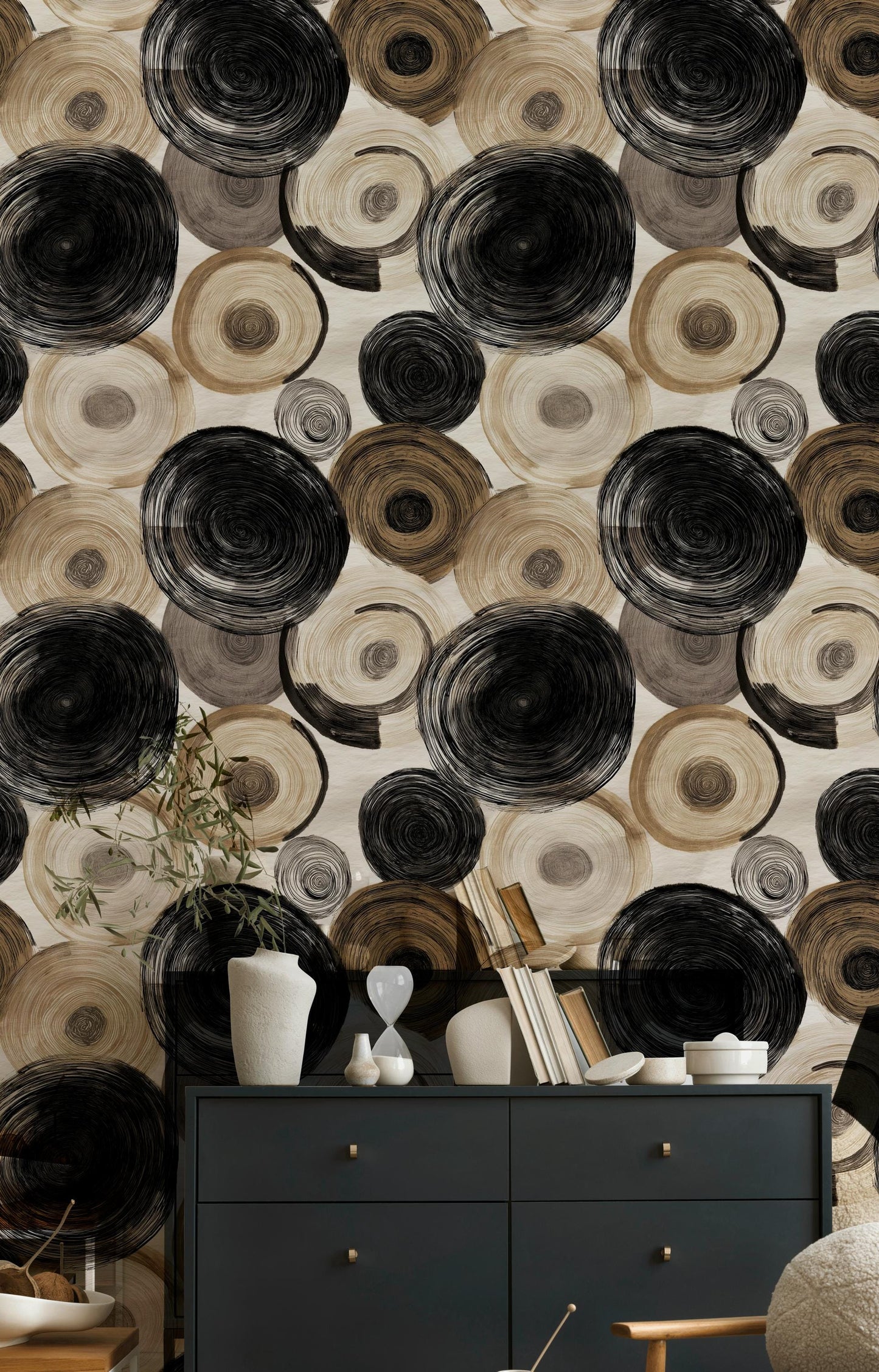 Abstract Swirl Wallpaper Mural: Black Espresso Circles, Hand-Painted Art (Peel & Stick or Unpasted)