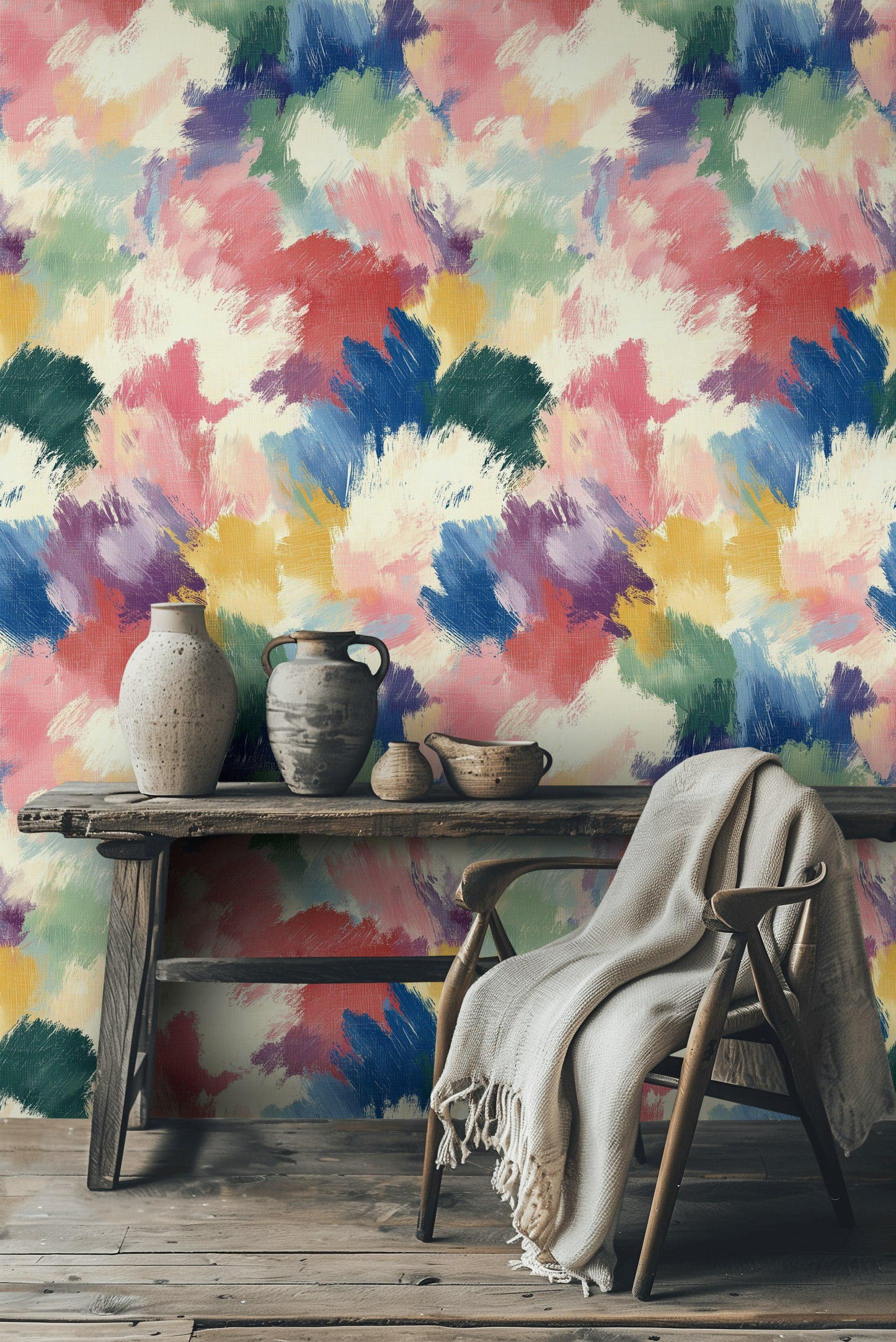 Abstract Colorful Brushstroke Wallpaper | Vibrant Textured Wall Mural | Modern Artistic Peel and Stick Decor