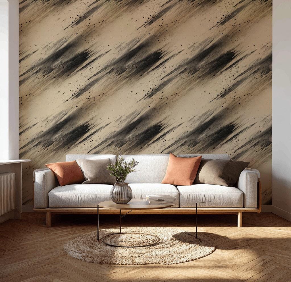 Abstract Ink Splatter Wallpaper: Black Beige Brushstrokes, Peel & Stick Mural