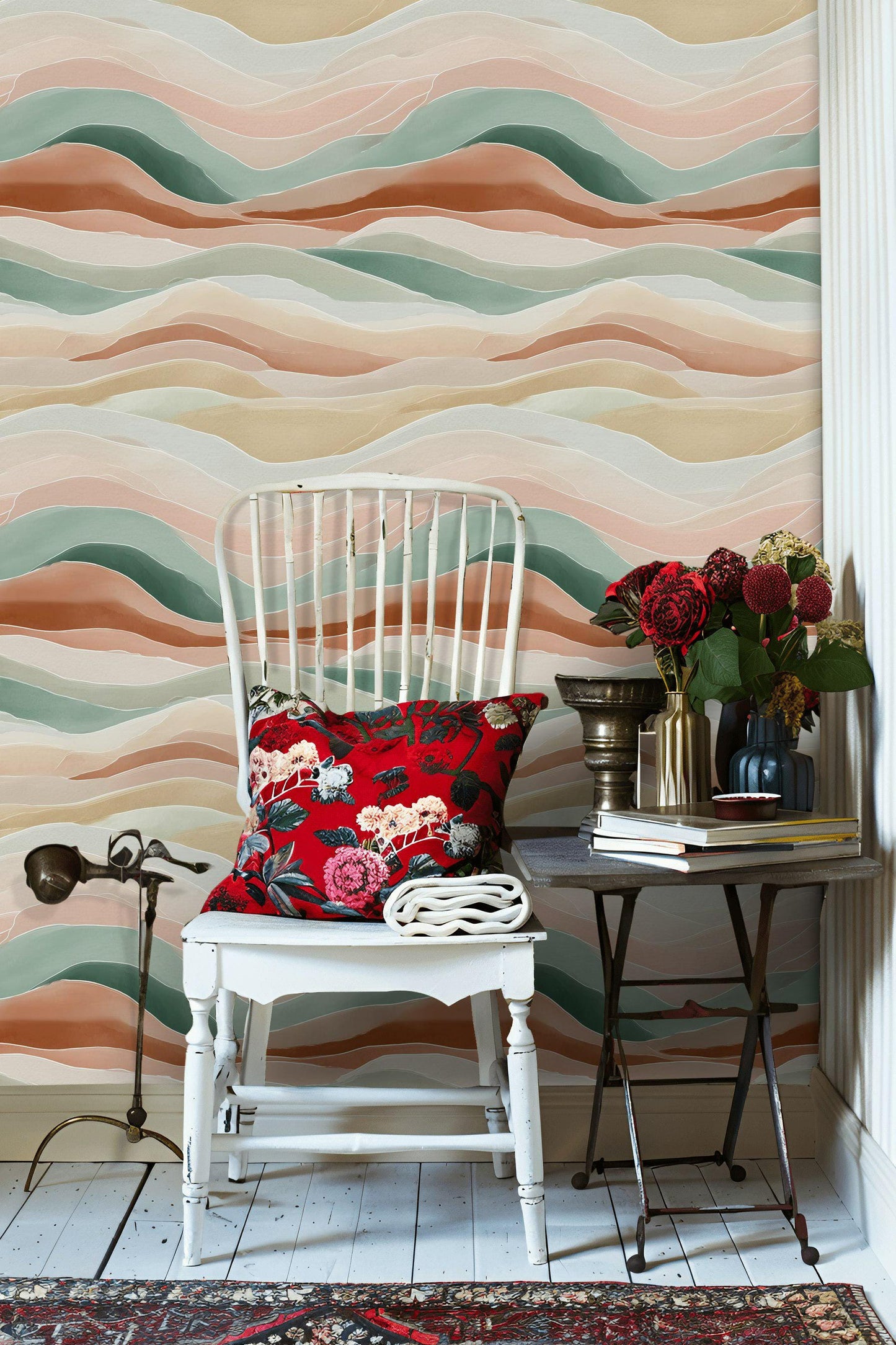 Pastel Abstract Waves Peel and Stick Wallpaper: Boho Minimalist Wall Mural