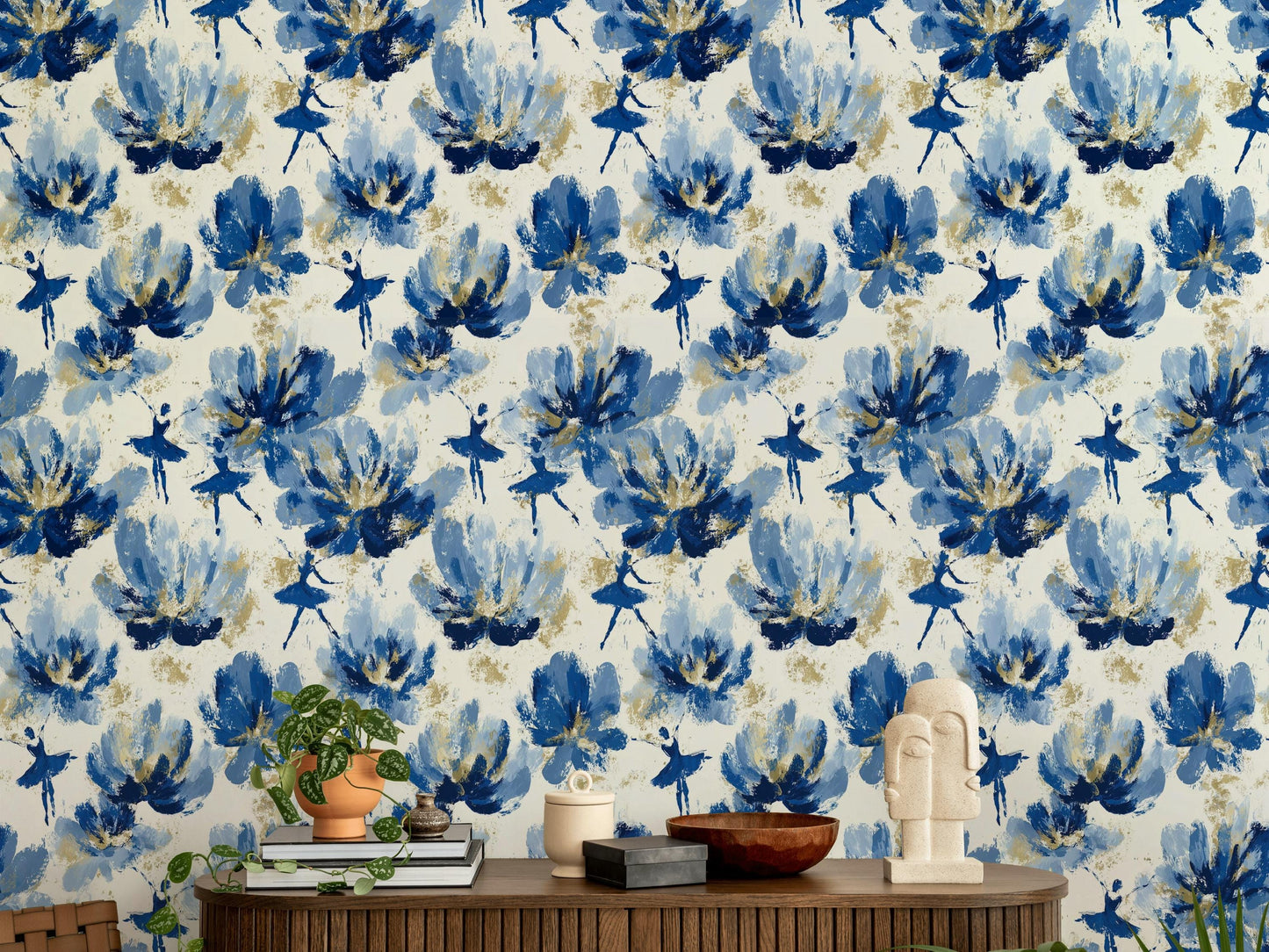 Blue Ballerina Wallpaper, Gold Accented Abstract Floral Mural, Peel & Stick or Unpasted Vertical Panel