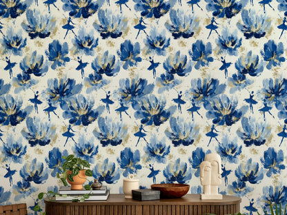 Blue Ballerina Wallpaper, Gold Accented Abstract Floral Mural, Peel & Stick or Unpasted Vertical Panel